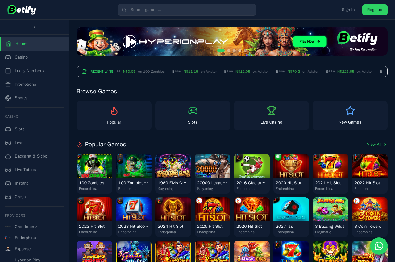 Capture of the Betify Namibia homepage showing sports and casino navigation