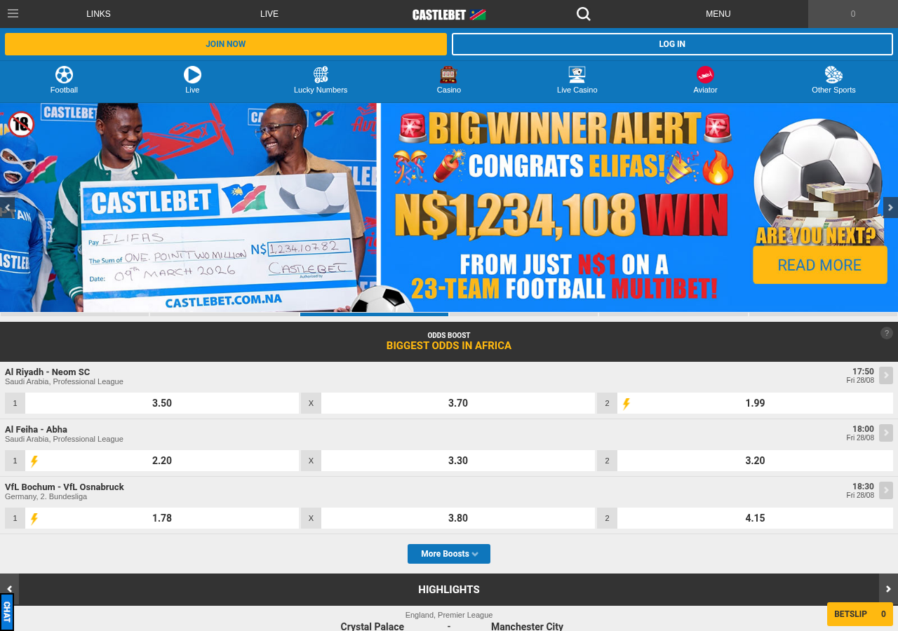 Castlebet Namibia-facing betting interface