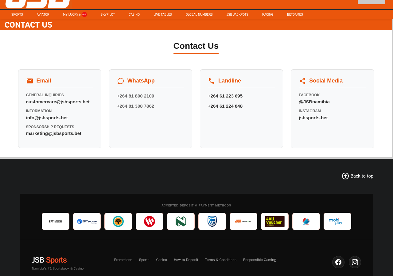 JSB Sports public contact page with email, WhatsApp and Windhoek telephone channels
