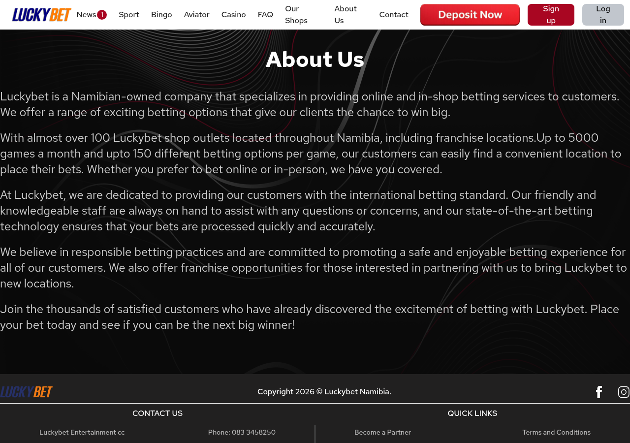 Luckybet About page showing the Namibian ownership and Ongwediva contact context