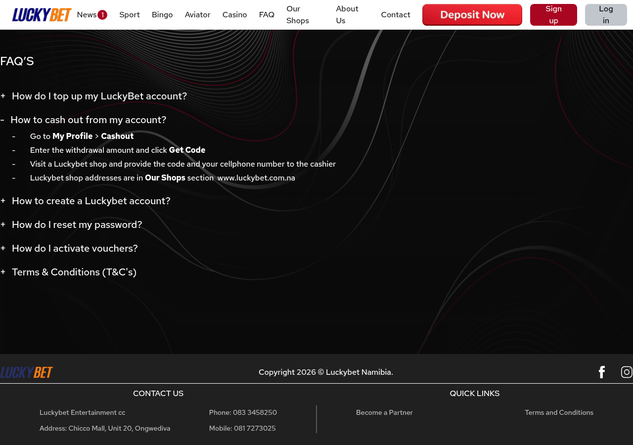 Expanded Luckybet FAQ panel describing the cash-out code and shop procedure