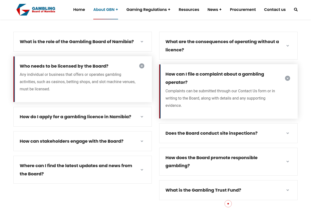 Gambling Board of Namibia FAQ describing licensing and written complaints