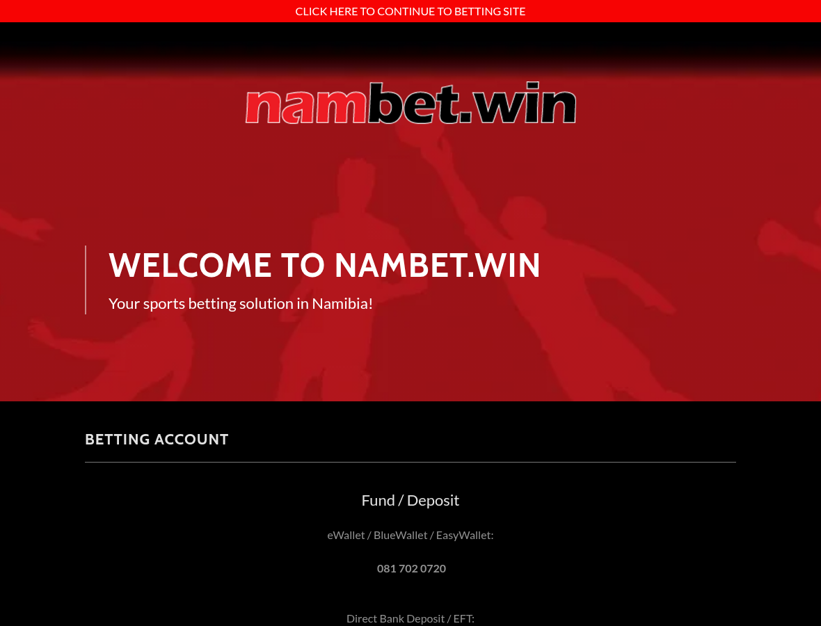NamBet.Win landing page showing sports-betting and account-holder statements