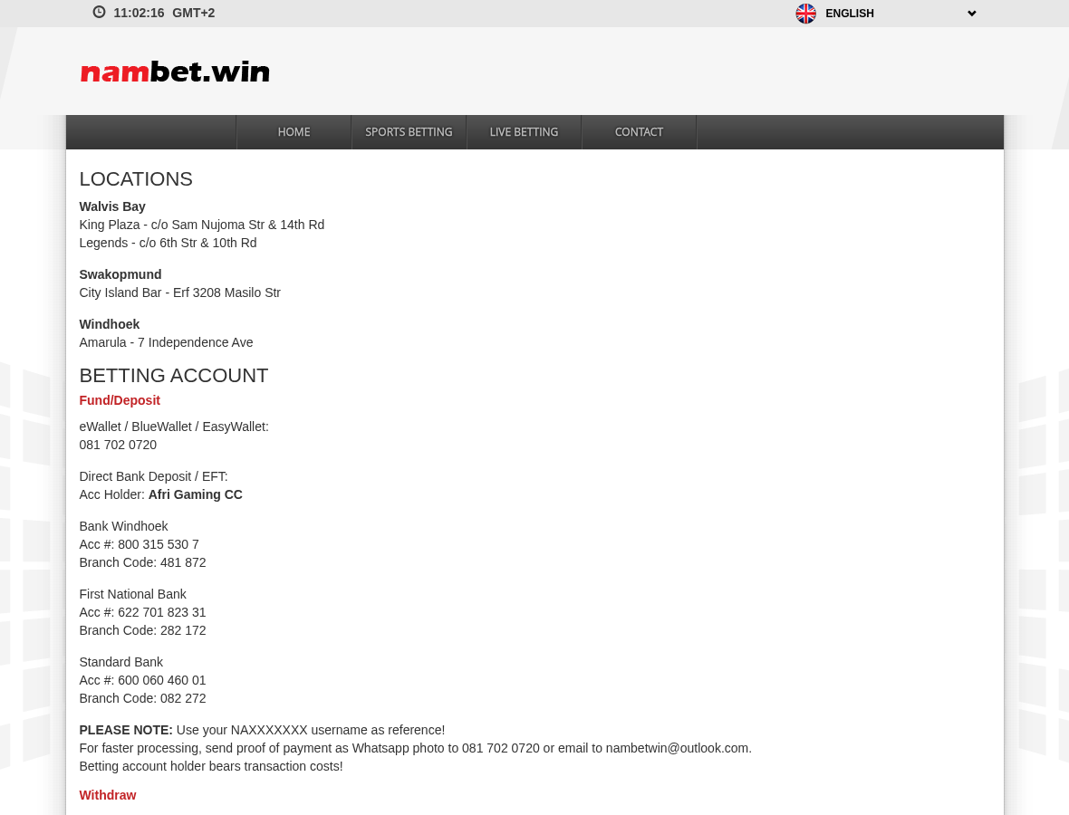 NamBet.Win About Us page with branding and Afri Gaming CC reference