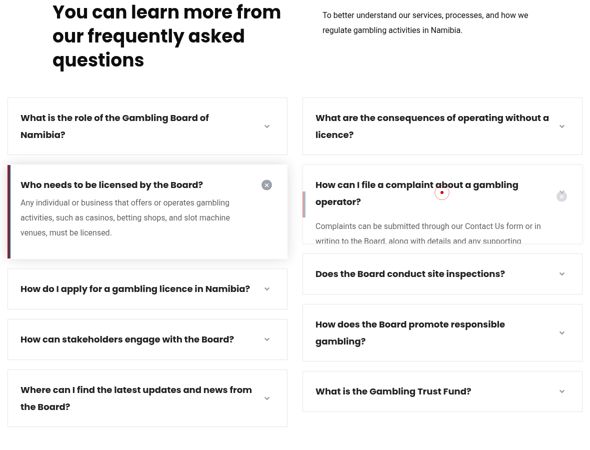 Gambling Board of Namibia FAQ page about licensing and complaints