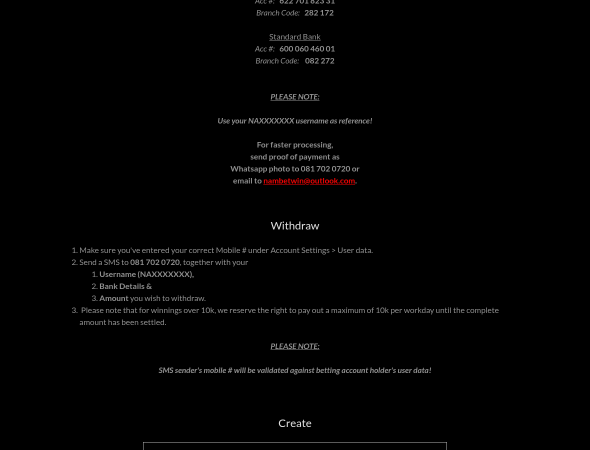 NamBet.Win landing content describing withdrawal information